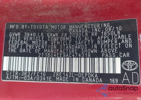 2010 Toyota Corolla Le z USA, uszkodzony, nr VIN 2T1BU4EE9AC474318